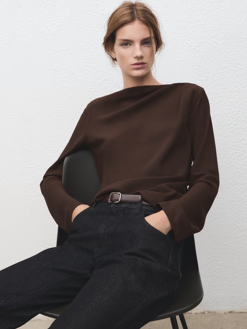 Mango Chocolate Brown asymmetrical Boatneck Long-Sleeve Top